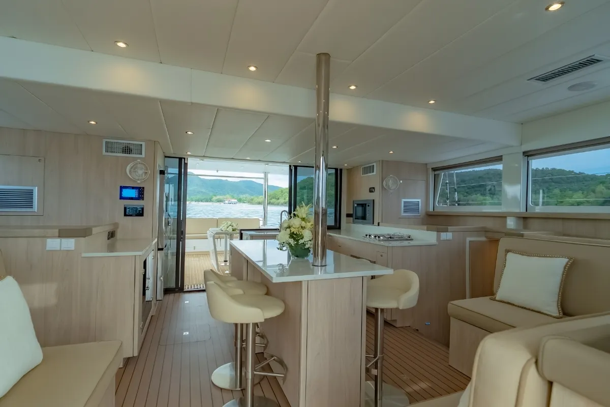 Salon of Electric E-Motion, a Island Spirit 525E catamaran at Mai Khao, Thailand