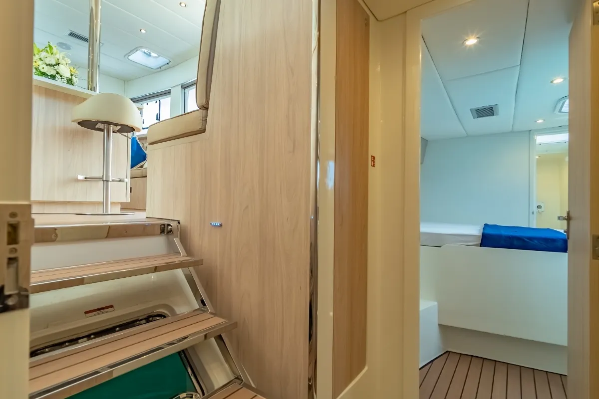 Salon of Electric E-Motion, a Island Spirit 525E catamaran at Mai Khao, Thailand