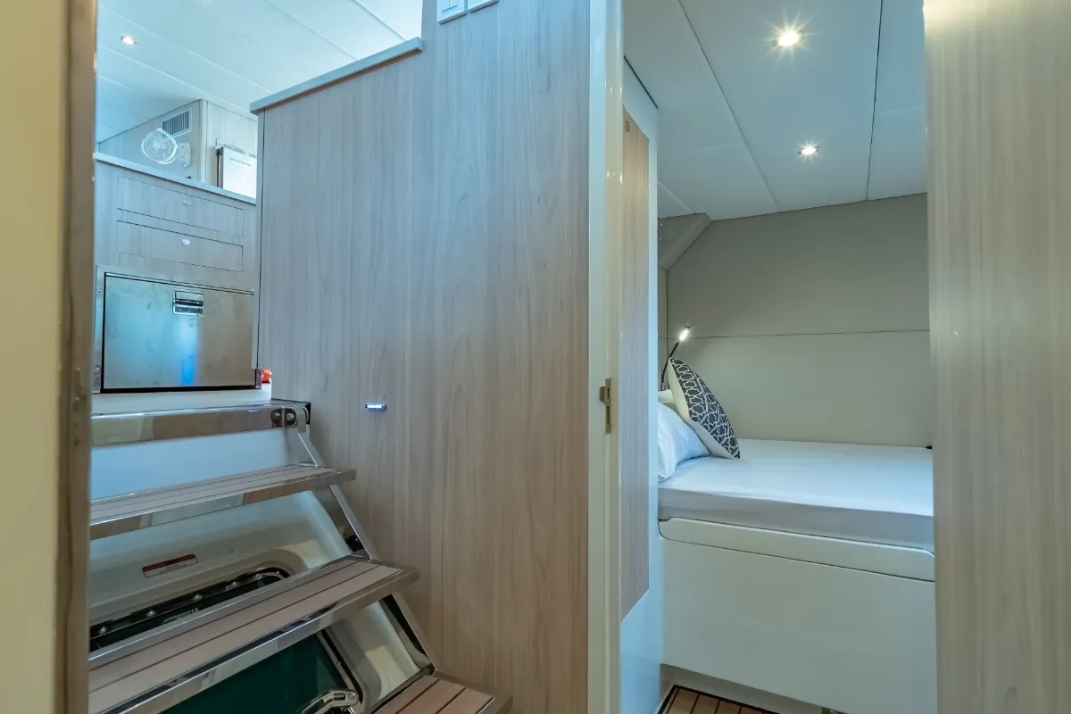Salon of Electric E-Motion, a Island Spirit 525E catamaran at Mai Khao, Thailand