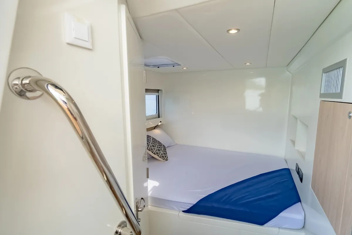Cabin on Electric E-Motion, a Island Spirit 525E catamaran at Mai Khao, Thailand