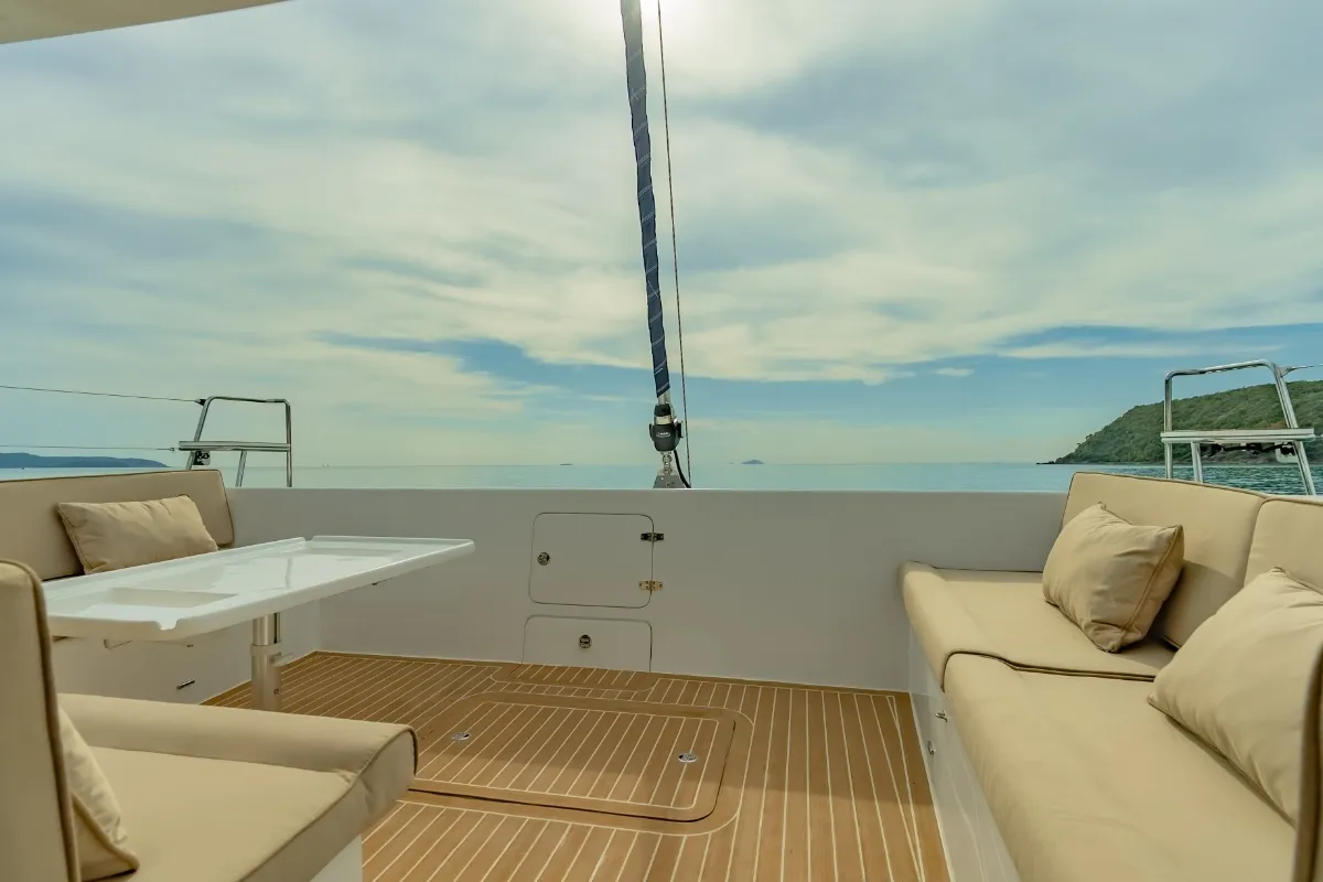 Deck of Electric E-Motion, a Island Spirit 525E catamaran at Mai Khao, Thailand