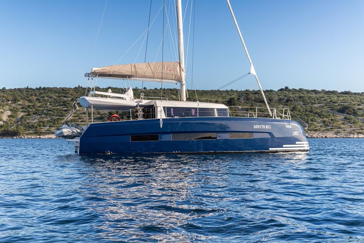 Exterior view of Nox, a Dufour 48 Catamaran catamaran at Primošten, Croatia