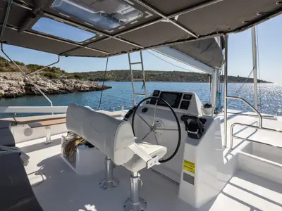 Cockpit of Nox, a Dufour 48 Catamaran catamaran at Primošten, Croatia