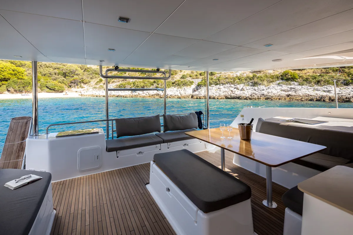 Deck of Nox, a Dufour 48 Catamaran catamaran at Primošten, Croatia