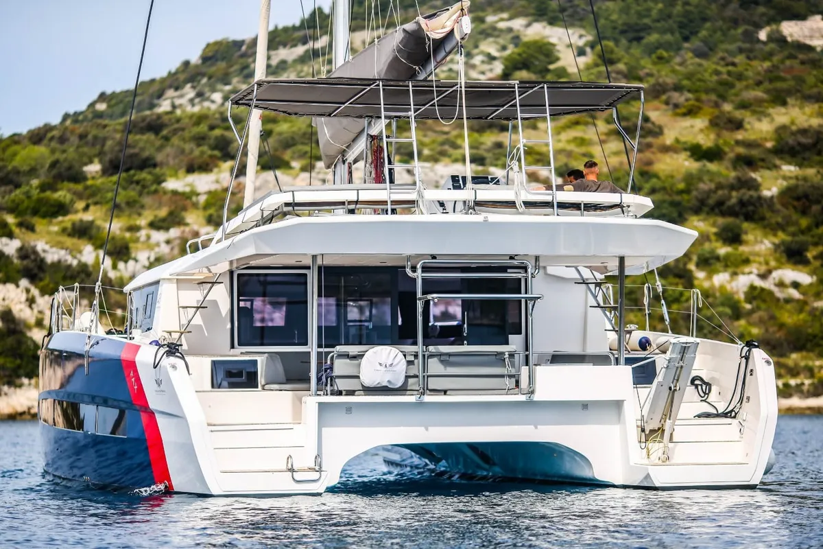 Exterior view of Nox, a Dufour 48 Catamaran catamaran at Primošten, Croatia