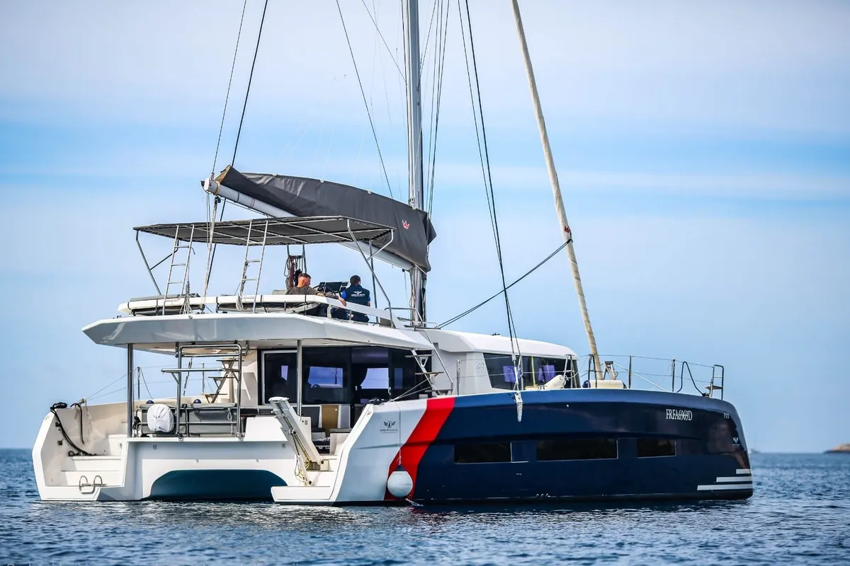 Exterior view of Nox, a Dufour 48 Catamaran catamaran at Primošten, Croatia