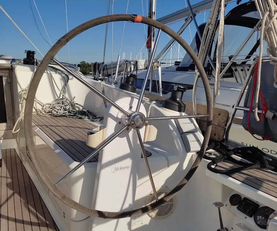 Cockpit of Andrelli, a Bavaria 37 Cruiser sailboat at Kontokali, Greece