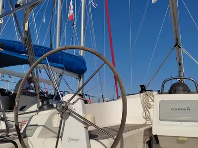 Cockpit of Andrelli, a Bavaria 37 Cruiser sailboat at Kontokali, Greece