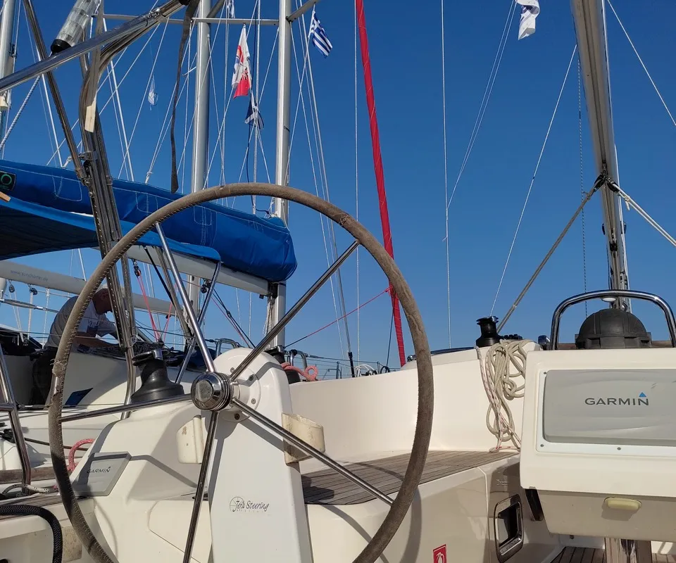 Cockpit of Andrelli, a Bavaria 37 Cruiser sailboat at Kontokali, Greece
