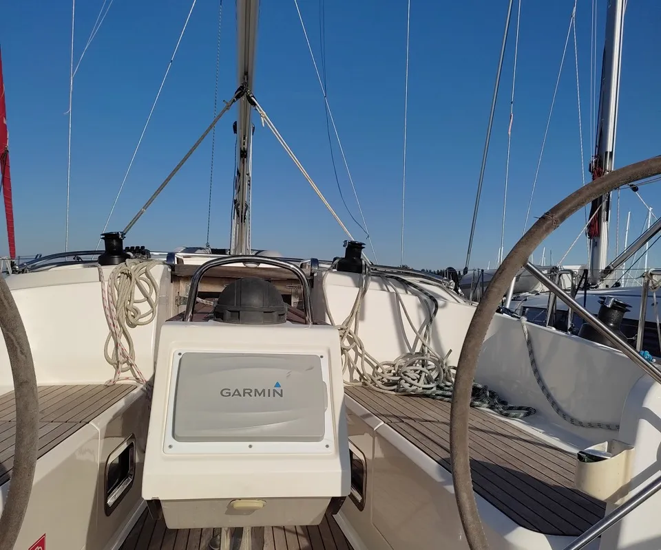 Cockpit of Andrelli, a Bavaria 37 Cruiser sailboat at Kontokali, Greece