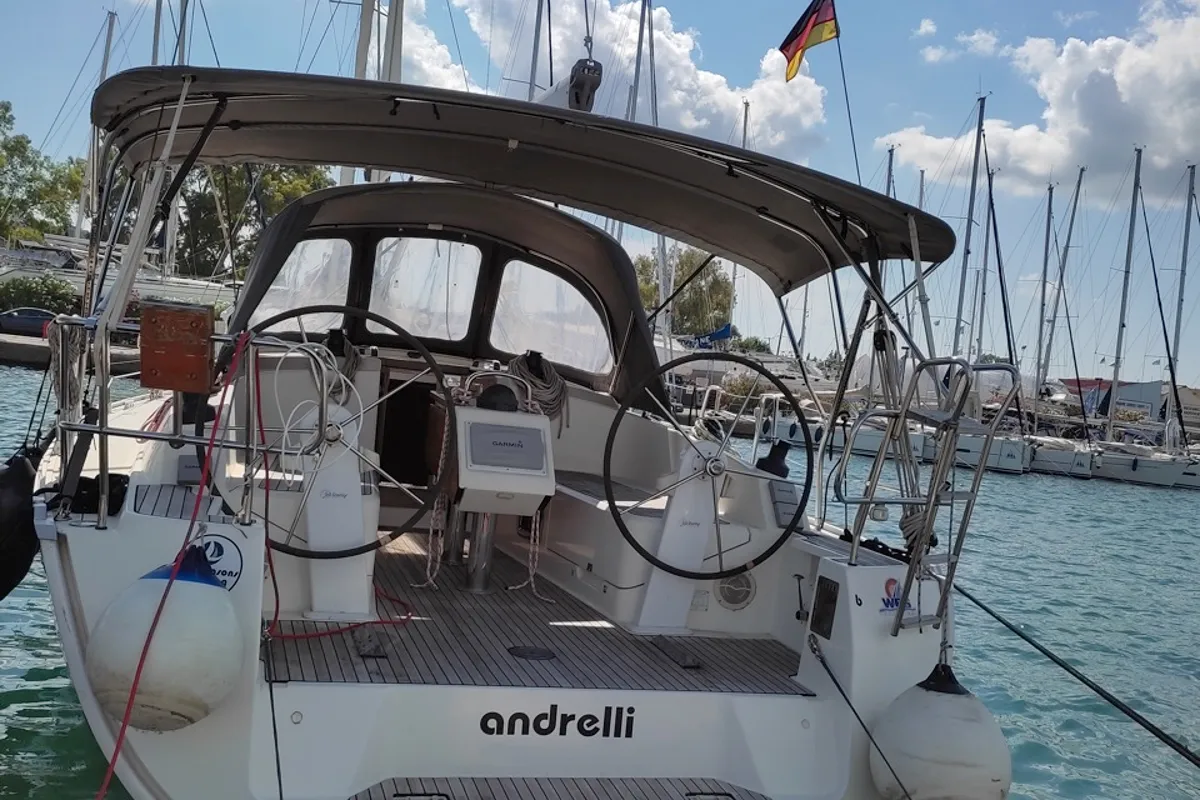 Exterior view of Andrelli, a Bavaria 37 Cruiser sailboat at Kontokali, Greece