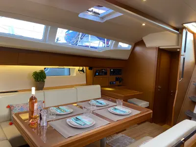 Salon of AEGEAN STAR, a Jeanneau 54 sailboat at Athens, Greece