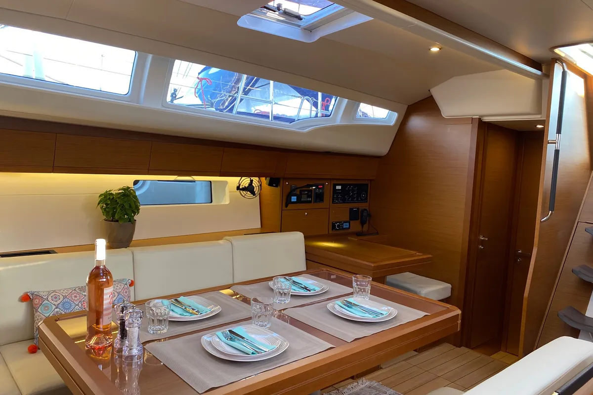 Salon of AEGEAN STAR, a Jeanneau 54 sailboat at Athens, Greece