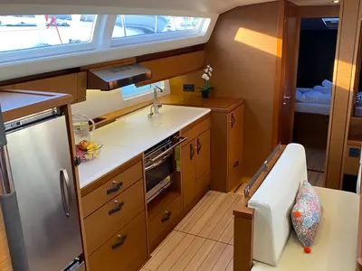 Galley of AEGEAN STAR, a Jeanneau 54 sailboat at Athens, Greece