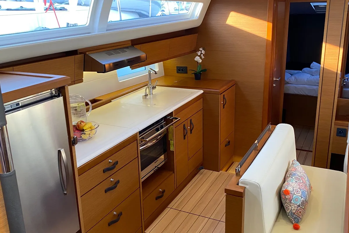 Galley of AEGEAN STAR, a Jeanneau 54 sailboat at Athens, Greece