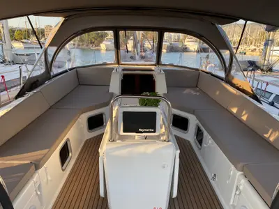Cockpit of AEGEAN STAR, a Jeanneau 54 sailboat at Athens, Greece