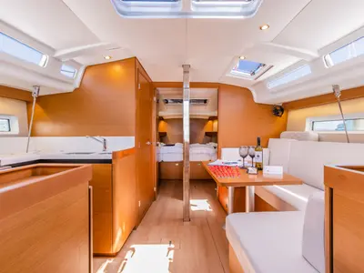 Salon of Armonia, a Jeanneau Sun Odyssey 440 sailboat at Ellomenos, Greece