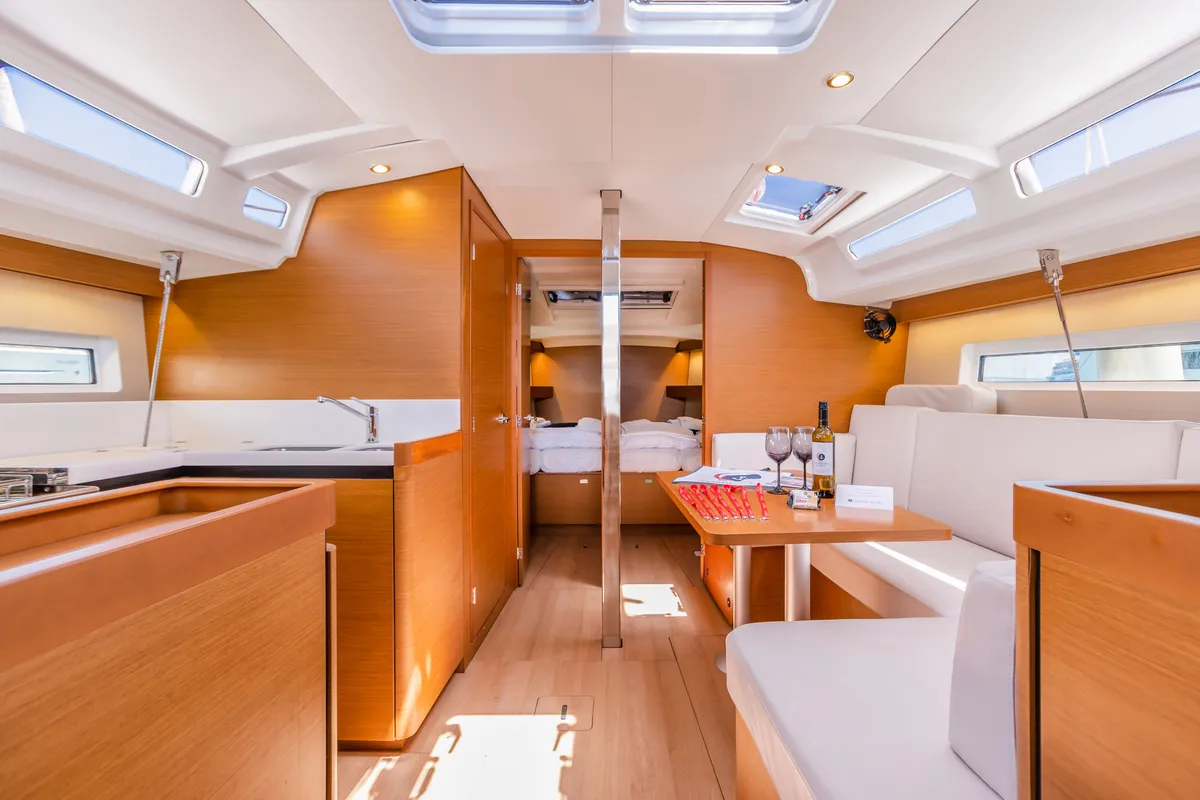 Salon of Armonia, a Jeanneau Sun Odyssey 440 sailboat at Ellomenos, Greece
