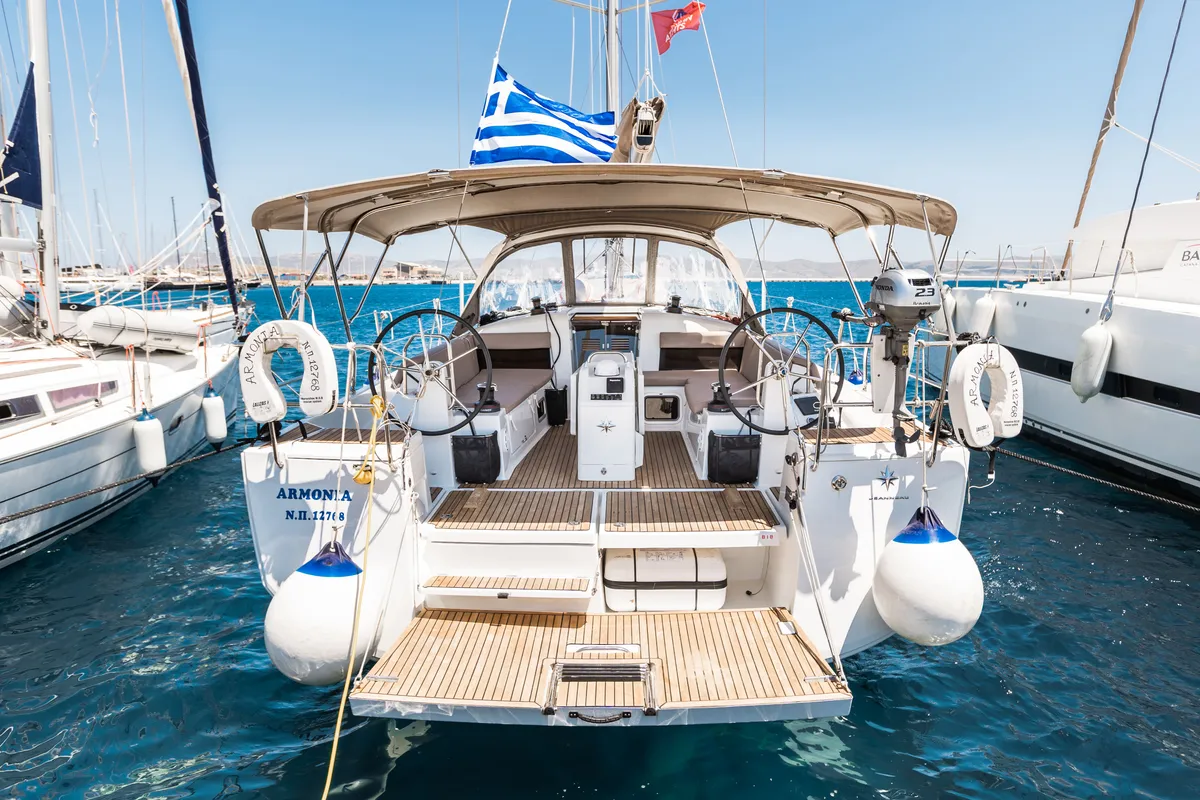 Exterior view of Armonia, a Jeanneau Sun Odyssey 440 sailboat at Ellomenos, Greece