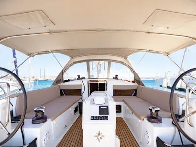 Cockpit of Armonia, a Jeanneau Sun Odyssey 440 sailboat at Ellomenos, Greece