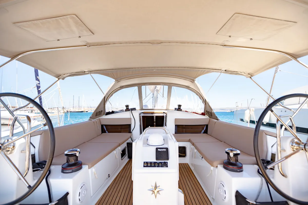 Cockpit of Armonia, a Jeanneau Sun Odyssey 440 sailboat at Ellomenos, Greece