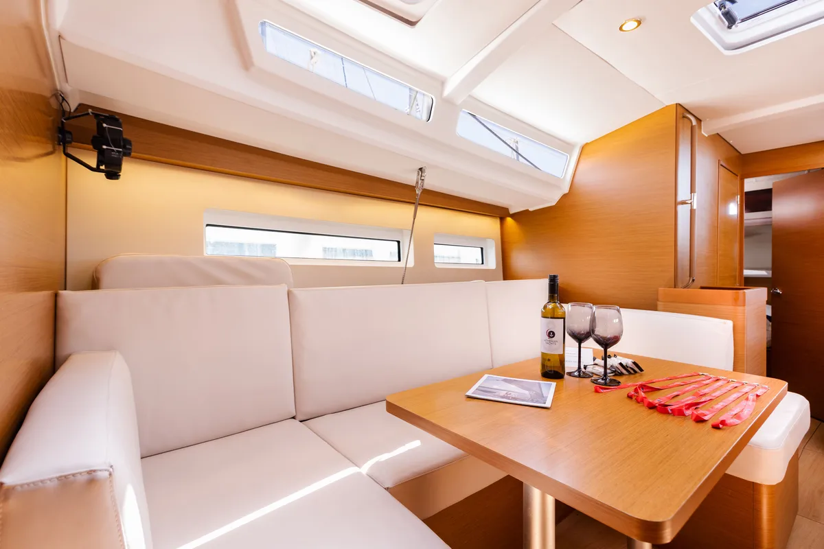 Salon of Armonia, a Jeanneau Sun Odyssey 440 sailboat at Ellomenos, Greece