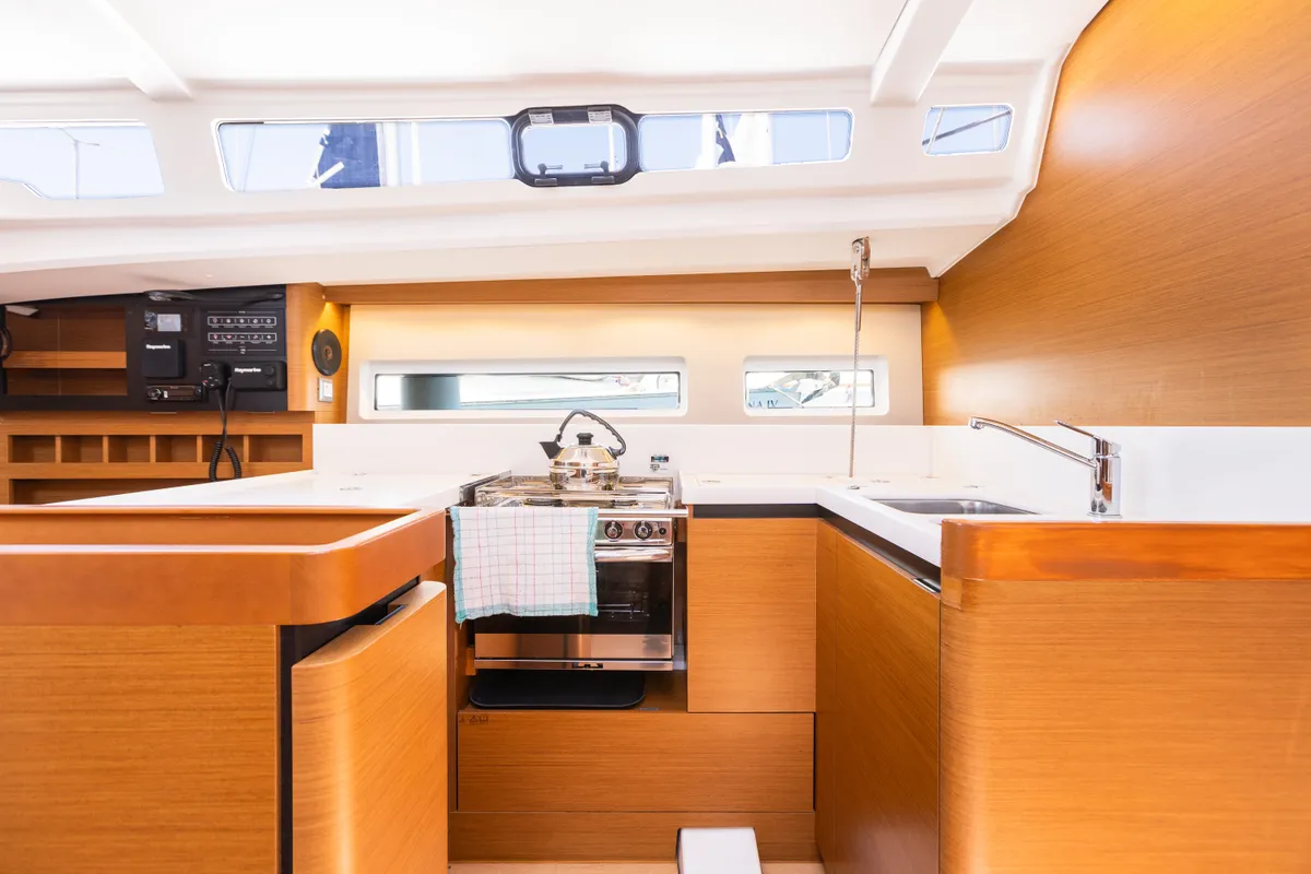 Galley of Armonia, a Jeanneau Sun Odyssey 440 sailboat at Ellomenos, Greece