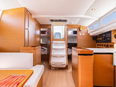 Salon of Armonia, a Jeanneau Sun Odyssey 440 sailboat at Ellomenos, Greece