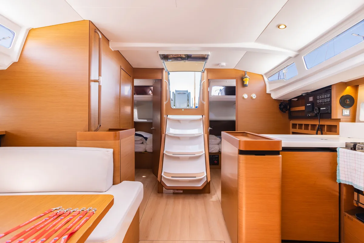 Salon of Armonia, a Jeanneau Sun Odyssey 440 sailboat at Ellomenos, Greece