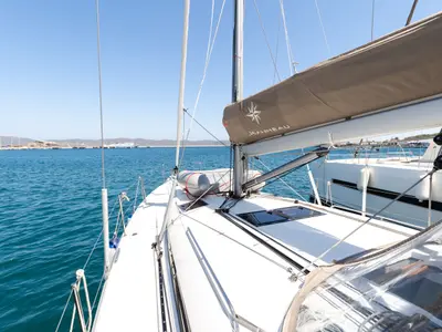 Deck of Armonia, a Jeanneau Sun Odyssey 440 sailboat at Ellomenos, Greece