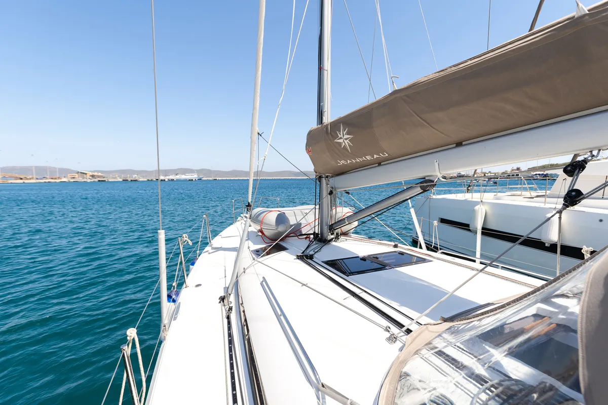 Deck of Armonia, a Jeanneau Sun Odyssey 440 sailboat at Ellomenos, Greece