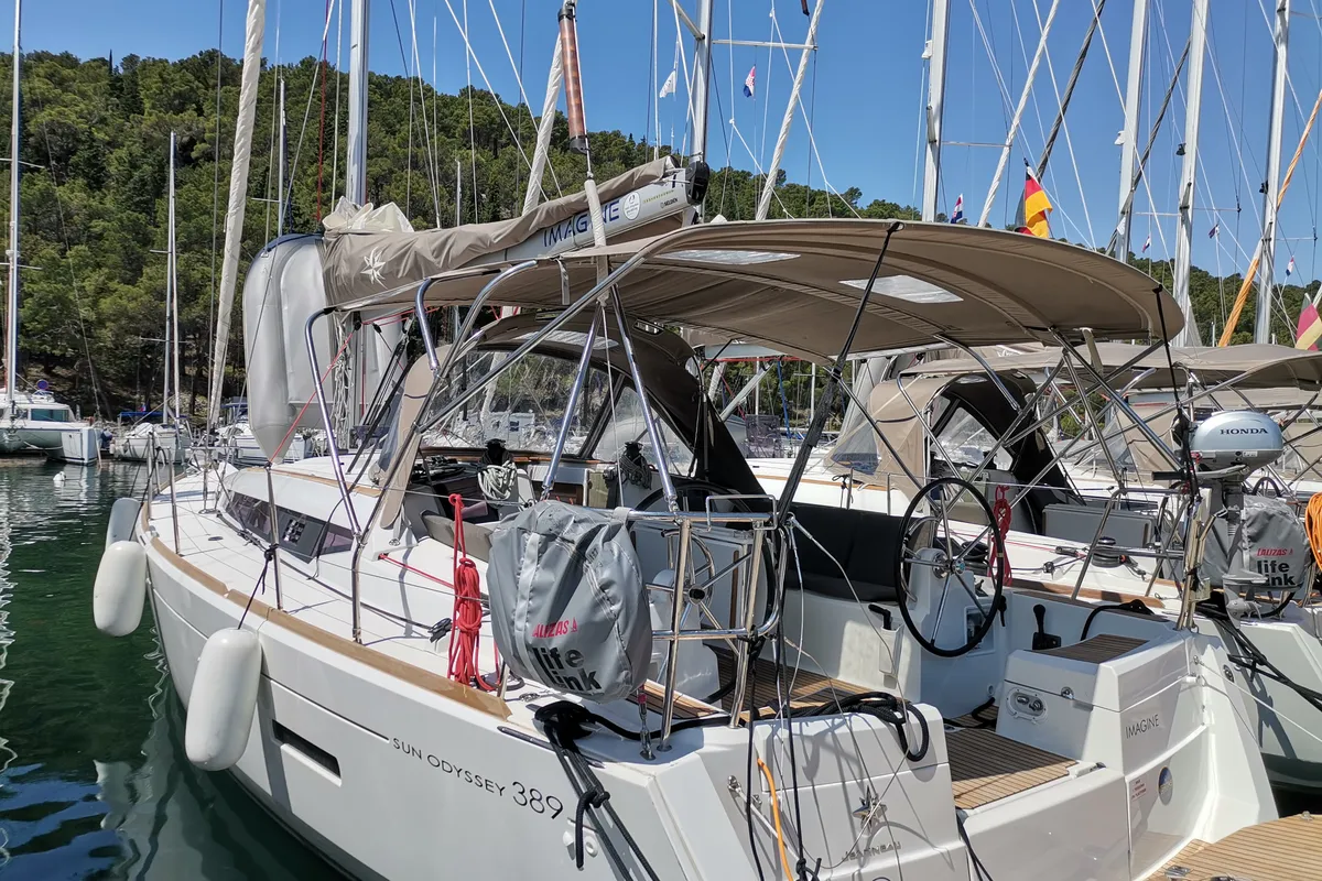 Exterior view of Imagine, a Jeanneau Sun Odyssey 389 sailboat at Skradin, Croatia