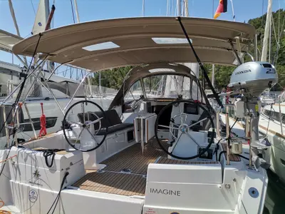 Cockpit of Imagine, a Jeanneau Sun Odyssey 389 sailboat at Skradin, Croatia
