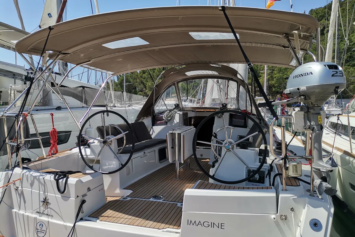 Cockpit of Imagine, a Jeanneau Sun Odyssey 389 sailboat at Skradin, Croatia