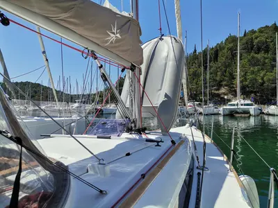 Deck of Imagine, a Jeanneau Sun Odyssey 389 sailboat at Skradin, Croatia