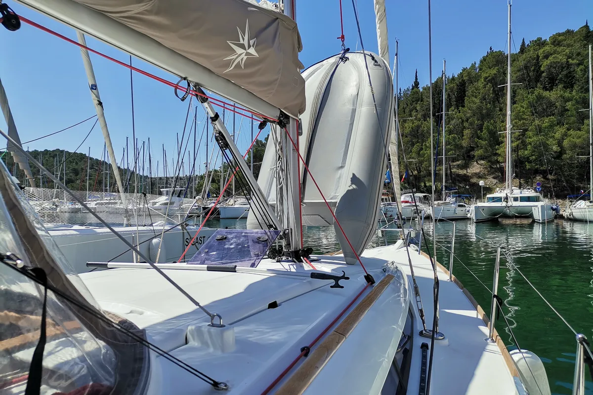 Deck of Imagine, a Jeanneau Sun Odyssey 389 sailboat at Skradin, Croatia