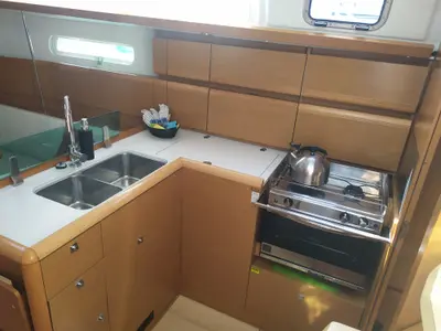 Galley of Imagine, a Jeanneau Sun Odyssey 389 sailboat at Skradin, Croatia