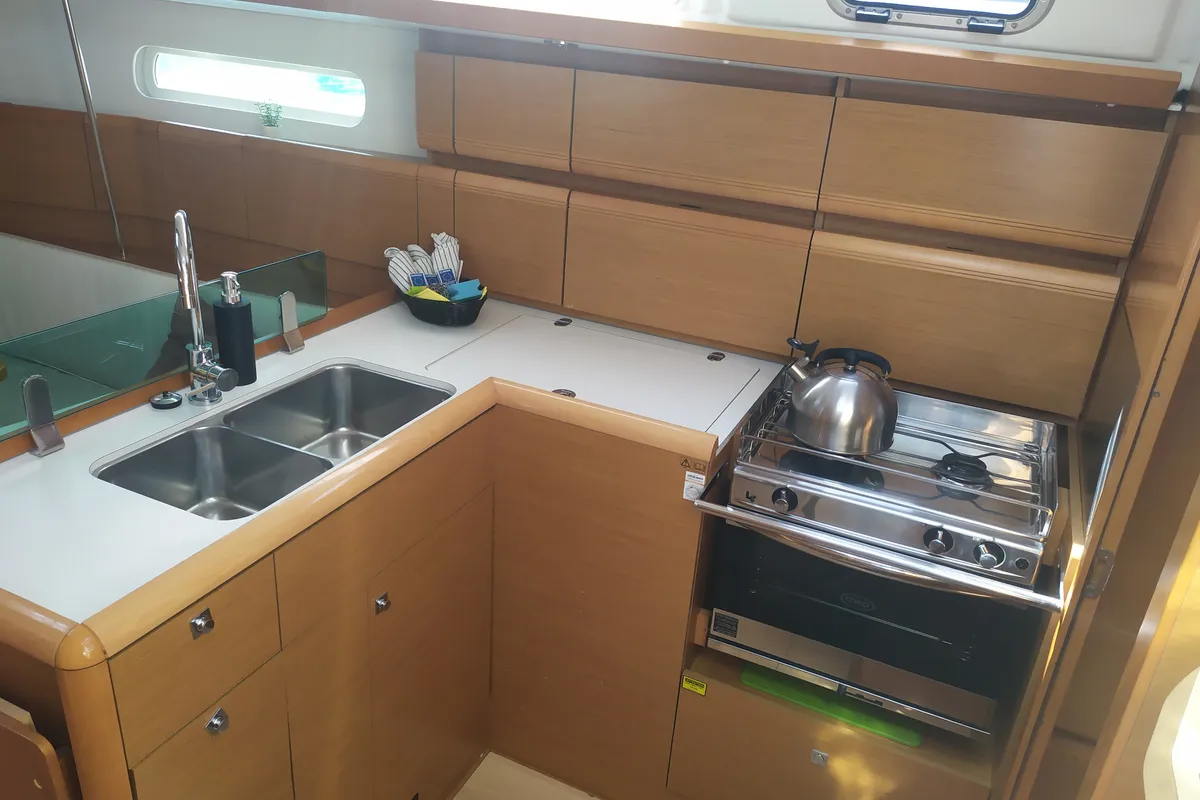 Galley of Imagine, a Jeanneau Sun Odyssey 389 sailboat at Skradin, Croatia
