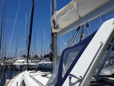 Deck of Ecstasea, a Beneteau Oceanis 41 sailboat at Athens, Greece