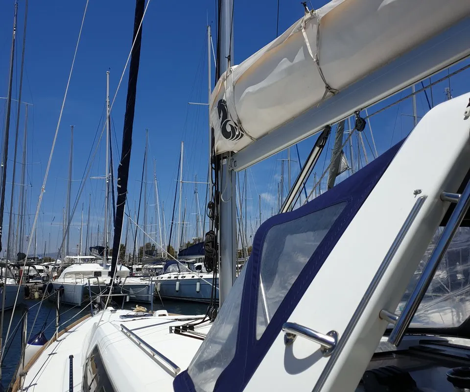 Deck of Ecstasea, a Beneteau Oceanis 41 sailboat at Athens, Greece
