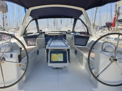Cockpit of Ecstasea, a Beneteau Oceanis 41 sailboat at Athens, Greece