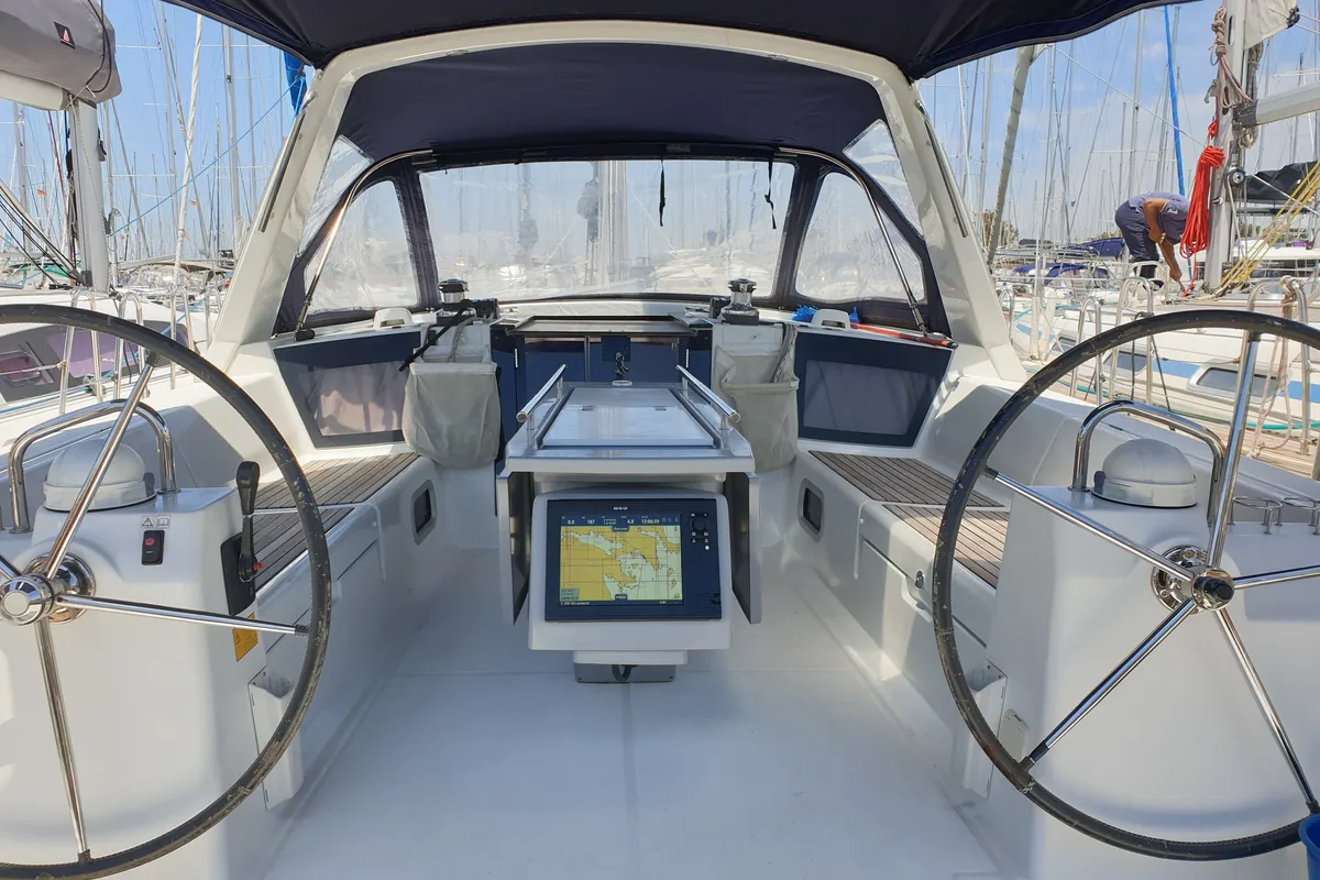 Cockpit of Ecstasea, a Beneteau Oceanis 41 sailboat at Athens, Greece