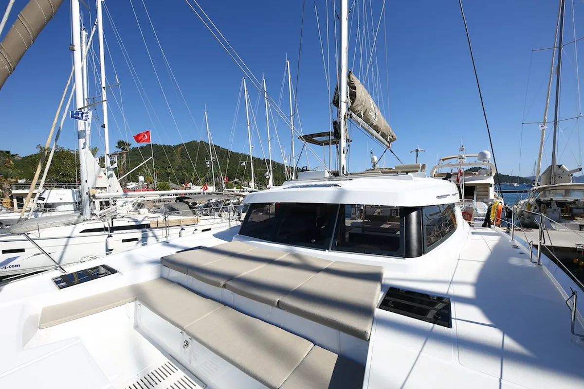 Exterior view of Moonrise, a Bali Catspace catamaran at Marmaris, Turkey