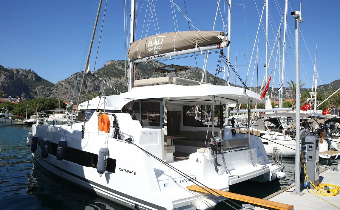 Exterior view of Moonrise, a Bali Catspace catamaran at Marmaris, Turkey