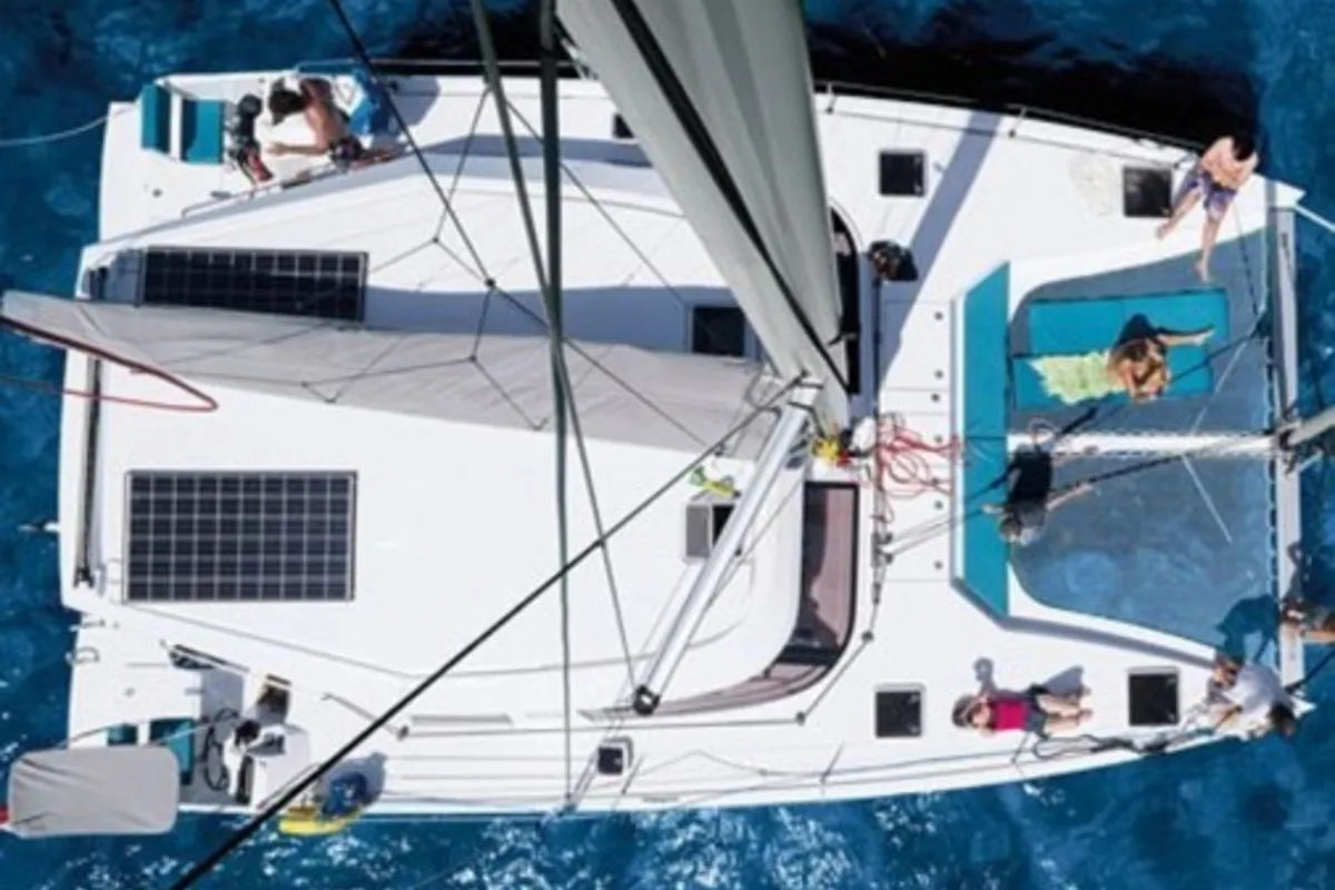 Exterior view of Whooper, a Lagoon 380 catamaran at Castelló d'Empúries, Spain