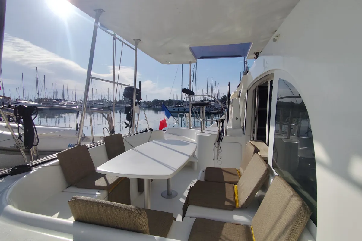 Deck of Whooper, a Lagoon 380 catamaran at Castelló d'Empúries, Spain