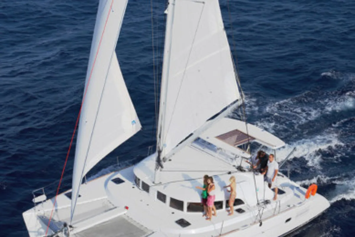 Exterior view of Whooper, a Lagoon 380 catamaran at Castelló d'Empúries, Spain