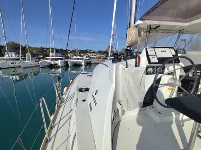 Cockpit of Whooper, a Lagoon 380 catamaran at Castelló d'Empúries, Spain