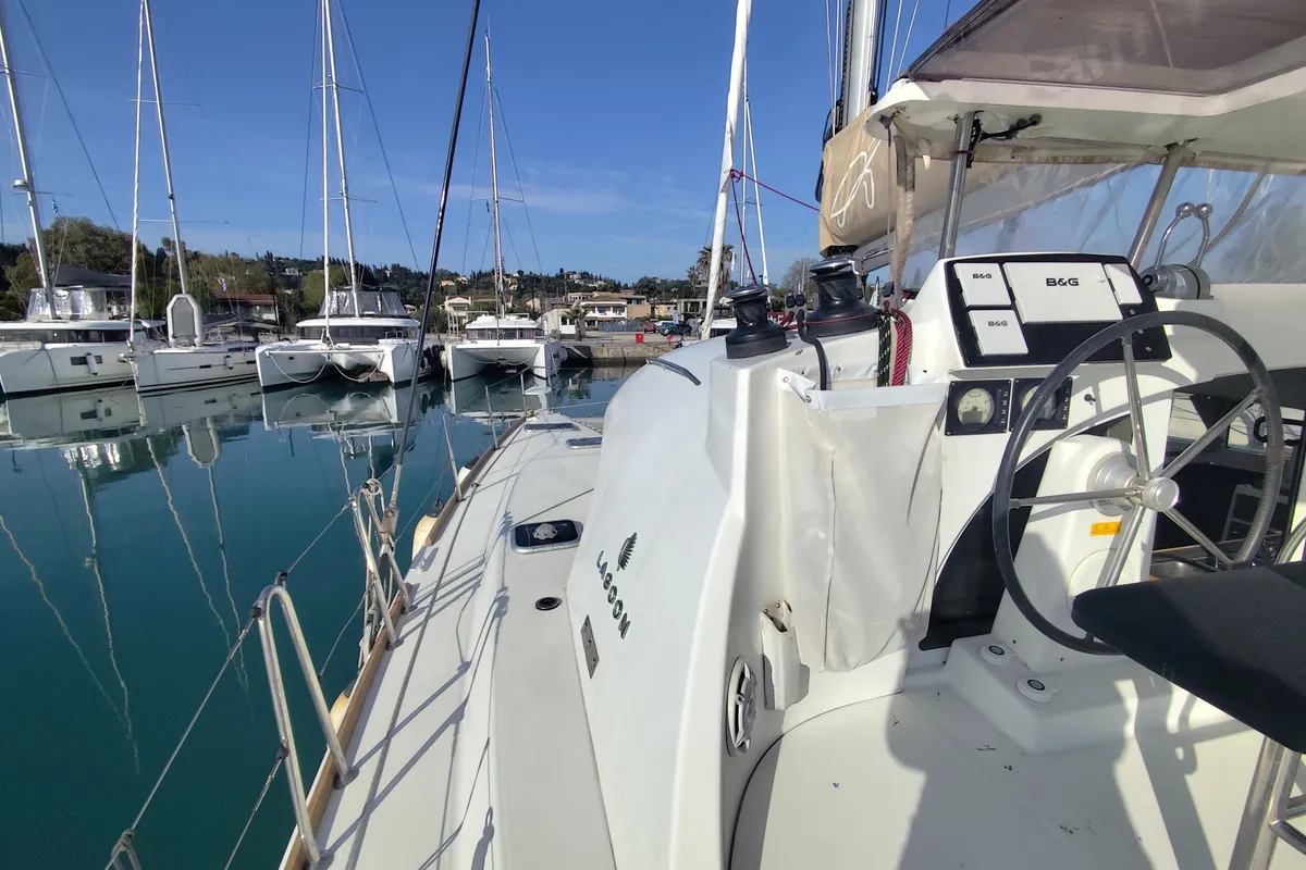 Cockpit of Whooper, a Lagoon 380 catamaran at Castelló d'Empúries, Spain