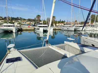 Deck of Whooper, a Lagoon 380 catamaran at Castelló d'Empúries, Spain